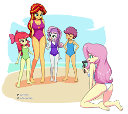 Size: 1866x1664 | Tagged: safe, artist:twilite-sparkleplz, derpibooru import, apple bloom, fluttershy, scootaloo, sunset shimmer, sweetie belle, human, equestria girls, g4, beach, blue swimsuit, breasts, butt, camera, cleavage, clothes, cutie mark crusaders, eyes closed, flutterbutt, green swimsuit, hand on hip, ocean, one-piece swimsuit, open mouth, open smile, outdoors, purple swimsuit, sky, smiling, sunset jiggler, swimsuit, water, white swimsuit