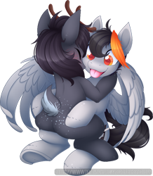 Size: 723x828 | Tagged: safe, artist:scarlet-spectrum, derpibooru import, oc, oc only, deer, deer pony, hybrid, original species, pegasus, pony, blushing, butt, butt freckles, commission, digital art, duo, eyes closed, female, freckles, frog (hoof), hug, male, mare, meme, plot, simple background, spread wings, stallion, tongue, tongue out, transparent background, underhoof, wings