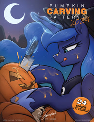 Size: 2550x3300 | Tagged: safe, artist:selenophile, derpibooru import, princess luna, alicorn, pony, g4, advertisement, halloween, holiday, jack-o-lantern, moon, outdoors, pumpkin, pumpkin carving