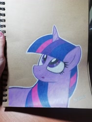 Size: 3120x4160 | Tagged: safe, artist:mashee, derpibooru import, twilight sparkle, unicorn twilight, pony, unicorn, g4, colored, ears up, female, horn, lineart, looking at something, looking up, mare, original art, photo, shading, solo, solo female, traditional art, twilight mane, unfinished art