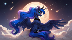 Size: 3200x1792 | Tagged: safe, ai content, derpibooru import, machine learning generated, princess luna, alicorn, pony, g4, anonymous prompter, both cutie marks, cloud, ear fluff, ears, eyeshadow, feathered wings, female, high res, lacrimal caruncle, looking at you, looking back, looking back at you, makeup, mare, moon, on a cloud, outdoors, partially open wings, rear view, shooting star, sitting, sitting on cloud, smiling, smiling at you, solo, spine, spread wings, stars, sternocleidomastoid, thin, wings