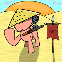 Size: 1500x1500 | Tagged: safe, artist:wren, derpibooru import, oc, oc only, pony, banner, clothing, desert, female, hat, katana, mare, outdoors, samurai, sand, spear, straw hat, sun, sword, tribal, weapon