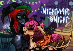 Size: 4093x2894 | Tagged: safe, artist:z0mbiebite, derpibooru import, oc, oc only, bat pony, unicorn, choker, clothes, costume, duo, duo female, female, festival, hairclip, halloween, hat, holiday, horn, mlp fim's fourteenth anniversary, nightmare night, nightmare pony night, outdoors, piercing, pumpkin, witch hat