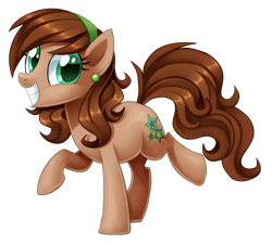 Size: 2219x2000 | Tagged: safe, artist:centchi, derpibooru import, oc, oc only, oc:jade verdi, earth pony, pony, ear piercing, female, hairband, looking at you, mare, piercing, raised hoof, raised leg, simple background, smiling, solo, transparent background