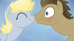 Size: 720x404 | Tagged: safe, artist:kunomasu, derpibooru import, derpy hooves, doctor whooves, pegasus, pony, g4, doctorderpy, female, licking, male, mare, shipping, straight, tongue, tongue out