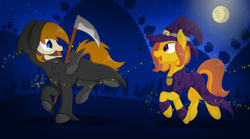 Size: 3285x1825 | Tagged: safe, artist:soulfulmirror, derpibooru import, oc, oc only, oc:honey ella, oc:romance heart, earth pony, pegasus, pony, clothes, costume, duo, grim reaper, hat, moon, night, nightmare night, nightmare night costume, romella, scythe, witch, witch hat