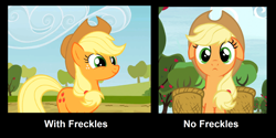 Size: 2000x1000 | Tagged: safe, derpibooru import, edit, edited screencap, screencap, applejack, earth pony, pony, g4, animation error, apple, apple tree, applejack's hat, clothes, cowboy hat, ears, female, floppy ears, freckles, hat, no freckles, op is wrong, outdoors, solo, tree