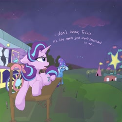 Size: 4096x4096 | Tagged: safe, artist:zzzsleepy, derpibooru import, starlight glimmer, trixie, pony, unicorn, g4, bench, blushing, chest fluff, clothes, dialogue, duo, duo female, ears, female, ferris wheel, floppy ears, hat, horn, lesbian, lying down, night, oblivious, open mouth, outdoors, shipping, shoulder fluff, startrix, sweat, trixie's hat, trixie's wagon, wagon