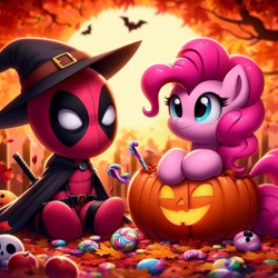 Size: 1024x1024 | Tagged: safe, ai content, derpibooru import, machine learning generated, pinkie pie, earth pony, human, g4, autumn, deadpool, female, halloween, holiday, jack-o-lantern, male, marvel, plushie, prompter:bluey2309, pumpkin, superhero