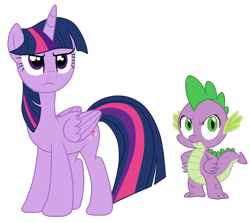 Size: 1928x1716 | Tagged: safe, artist:gmaplay, derpibooru import, spike, twilight sparkle, twilight sparkle (alicorn), alicorn, dragon, pony, g4, season 7, shadow play, duo, duo male and female, female, male, mare, simple background, spike is not amused, transparent background, twilight sparkle is not amused, unamused, wingless spike