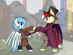 Size: 4000x3000 | Tagged: safe, artist:aaathebap, derpibooru import, oc, oc:aaaaaaaaaaa, oc:coral streak, bat pony, pegasus, bipedal, duo, female, hat, mare, spread wings, top hat, willy wonka, willy wonka and the chocolate factory, wings