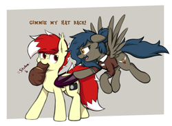 Size: 3750x2750 | Tagged: safe, artist:aaathebap, derpibooru import, oc, oc:aaaaaaaaaaa, oc:quick service, bat pony, pegasus, angry, duo, ears back, female, flying, hat, mare, spread wings, stealing, wings