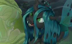 Size: 4000x2500 | Tagged: safe, artist:stalagsmith17, derpibooru import, queen chrysalis, starlight glimmer, changeling, changeling queen, pony, unicorn, g4, captured, changeling hive, dialogue, duo, eye clipping through hair, female, horn, mare, signature