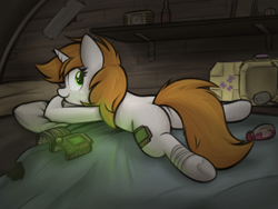 Size: 1333x1000 | Tagged: safe, artist:aaathebap, derpibooru import, oc, oc only, oc:littlepip, pony, unicorn, fallout equestria, bag, bandage, bed, butt, fallout, female, freckles, horn, looking at you, looking back, looking back at you, lying down, mare, medical saddlebag, on bed, pillow, pipbuck, pipbutt, plot, potion, prone, smiling, smiling at you, sploot