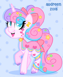 Size: 828x1013 | Tagged: safe, artist:audreen, derpibooru import, oc, oc only, pony, unicorn, blue background, horn, patterned background, simple background, solo