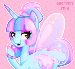 Size: 928x861 | Tagged: safe, artist:audreen, derpibooru import, oc, oc only, pony, unicorn, horn, patterned background, pink background, simple background, solo