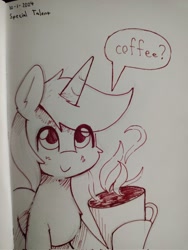 Size: 1538x2048 | Tagged: safe, artist:taurson, derpibooru import, oc, oc only, oc:coffee, pony, unicorn, cheek fluff, coffee mug, hoof hold, horn, looking at you, male, monochrome, mug, oc-tober, pen drawing, smiling, smiling at you, solo, stallion, talking to viewer, traditional art