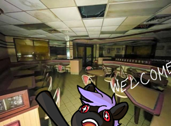 Size: 640x471 | Tagged: safe, artist:arche, derpibooru import, oc, oc only, oc:arche medley, pony, abandoned, diner, irl, photo, ponies in real life, restaurant, solo, starry eyes, wingding eyes