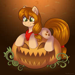 Size: 2700x2700 | Tagged: safe, artist:madelinne, derpibooru import, oc, oc only, oc:sweet bear, female, gradient background, halloween, holiday, mare, pumpkin, solo