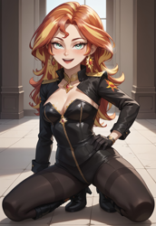 Size: 2560x3712 | Tagged: safe, ai content, derpibooru import, generator:pony diffusion v6 xl, generator:stable diffusion, machine learning generated, sunset shimmer, human, g4, bodysuit, boots, breasts, clothes, crossover, ear piercing, earring, female, genshin impact, humanized, jewelry, latex, looking at you, mavuika (genshin impact), open mouth, piercing, prompter:foylertf, shoes, solo, squatting, sunset jiggler