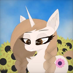 Size: 2048x2048 | Tagged: safe, artist:wornpaladin, artist:worny, derpibooru import, oc, oc only, pony, unicorn, bedroom eyes, braid, brown eyes, brown mane, cloud, cyrillic, eyelashes, female, flower, fluffy, gradient background, grass, horn, shadow, sketch, sky, sky background, slavic, smiling, solo, solo focus, sunflower, ukraine, ukrainian