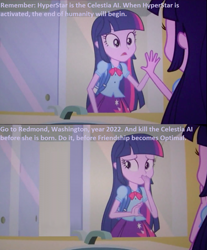 Size: 1002x1208 | Tagged: safe, derpibooru import, edit, edited screencap, screencap, sci-twi, twilight sparkle, human, pony, fanfic:friendship is optimal, equestria girls, g4, bathroom, crossover, mirror, my little pony equestria girls, ponified, species swap, terminator, terminator genisys