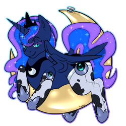 Size: 1000x1000 | Tagged: safe, artist:twoshoesmcgee, derpibooru import, princess luna, alicorn, pony, g4, clothes, cow socks, cute, ethereal mane, female, inflatable toy, inflation valve, looking at you, mare, pool toy, simple background, smiling, smiling at you, socks, solo, starry mane, starry tail, tail, transparent background