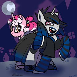 Size: 768x768 | Tagged: safe, artist:kharmacal, derpibooru import, oc, oc only, oc:pink melody, oc:strawberry poptart, unicorn, clothes, cosplay, costume, duo, horn, mlp fim's fourteenth anniversary, nightmare night, shading, sharp teeth, teeth, wingding eyes