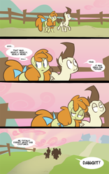 Size: 700x1120 | Tagged: source needed, safe, artist:egophiliac, derpibooru import, pound cake, pumpkin cake, pegasus, pony, unicorn, g4, bow, brown hair, comic, day, dialogue, duo, female, fence, full body, horn, mare, slice of pony life, speech bubble, tail, tail bow, text, wooden fence