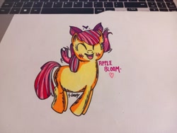 Size: 2040x1530 | Tagged: safe, artist:theelementofmagic, derpibooru import, apple bloom, earth pony, pony, g4, :d, blushing, female, filly, foal, open mouth, open smile, photo, smiling, solo, text, traditional art