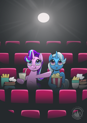 Size: 2171x3070 | Tagged: safe, artist:mysticalpha, derpibooru import, starlight glimmer, trixie, pony, unicorn, g4, cinema, duo, female, food, hoof hold, horn, implied lesbian, implied shipping, implied startrix, mare, popcorn, signature, snacks