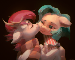 Size: 2144x1719 | Tagged: safe, artist:rvsd, derpibooru import, oc, oc only, pony, antlers, bowtie, clothes, commission, duo, female, kiss on the cheek, kissing, male, mare, oc x oc, one eye closed, scarf, shipping