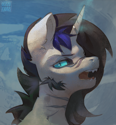 Size: 1837x1976 | Tagged: safe, artist:rvsd, derpibooru import, oc, oc only, oc:anthonystone, pony, unicorn, bust, commission, fangs, horn, male, scar, slit eyes, solo, stallion