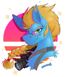 Size: 4415x5288 | Tagged: safe, artist:adilord, derpibooru import, oc, oc only, oc:shutter speed, earth pony, pony, braid, bust, camcorder, chest fluff, commission, facial hair, glasses, high res, looking at you, male, neon, portrait, simple background, smug, solo, stallion, synthwave, torn ear, transparent background