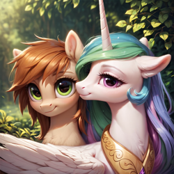 Size: 1024x1024 | Tagged: safe, ai content, derpibooru import, generator:pony diffusion v6 xl, generator:stable diffusion, machine learning generated, princess celestia, oc, alicorn, pony, g4, forest, horn, nature, outdoors, prompter:teonanakatle, tree