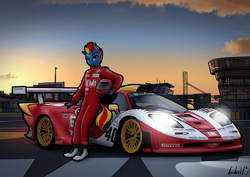 Size: 1160x820 | Tagged: safe, artist:apocheck13, derpibooru import, oc, oc:mclaren, anthro, pegasus, car, mclaten, race suit