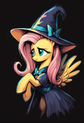 Size: 1080x1576 | Tagged: safe, ai content, derpibooru import, generator:pony diffusion v6 xl, generator:stable diffusion, machine learning generated, fluttershy, pegasus, pony, g4, black background, clothes, female, hat, mare, prompter needed, simple background, solo, spread wings, wings, witch hat