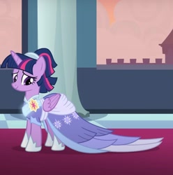 Size: 1127x1134 | Tagged: safe, derpibooru import, screencap, twilight sparkle, twilight sparkle (alicorn), alicorn, pony, g4, the last problem, alternate hairstyle, canterlot castle, carpet, castle, clothes, cropped, dress, elegant, evening, female, gown, looking down, mare, red carpet, regal, sash, second coronation dress, solo