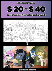 Size: 2040x2809 | Tagged: safe, artist:andaluce, color edit, derpibooru import, edit, fancypants, twinkleshine, oc, oc:sunny northfleet, oc:trent, pegasus, pony, unicorn, g4, advertisement, clothes, colored, commission, commission info, commission open, dress, female, gala, gala dress, horn, lineart, male, mare, stallion