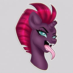 Size: 2560x2559 | Tagged: safe, artist:murny, derpibooru import, tempest shadow, pony, unicorn, g4, bust, gray background, horn, portrait, simple background, solo, tongue, tongue out