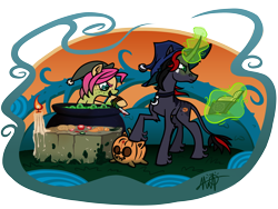 Size: 3200x2400 | Tagged: safe, artist:mafon, derpibooru import, oc, oc only, unicorn, g4, altar, book, candle, cauldron, duo, hat, horn, knife, pumpkin, spellbook, vine, witch hat