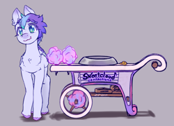 Size: 1100x800 | Tagged: safe, artist:zephyrsplume, derpibooru import, oc, oc only, oc:sweetcloud, pegasus, pony, :3, bits, cart, cotton candy, cute, front view, solo