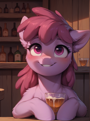 Size: 1496x2000 | Tagged: safe, ai content, derpibooru import, generator:pony diffusion v6 xl, generator:stable diffusion, machine learning generated, berry punch, berryshine, earth pony, pony, g4, alcohol, blushing, drink, drunk, indoors, looking up, prompter:lager ai, sitting, smiling, solo