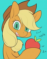 Size: 2021x2553 | Tagged: safe, artist:noupu, derpibooru import, applejack, earth pony, pony, g4, apple, blue background, bust, colored pupils, female, food, hoof hold, mare, no catchlights, open mouth, open smile, simple background, smiling, solo, talking to viewer, that pony sure does love apples, threatening