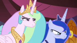 Size: 1376x767 | Tagged: safe, artist:sleeplesseevee, derpibooru import, edit, edited screencap, screencap, princess celestia, princess luna, alicorn, pony, a royal problem, equestria girls, g4, angry, bags under eyes, canterlot castle, celestia is not amused, equestria girls coloration, female, glare, long hair, luna is not amused, palette swap, pinklestia, recolor, tired, unamused