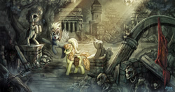 Size: 1200x635 | Tagged: safe, artist:ziom05, derpibooru import, carrot top, derpy hooves, golden harvest, pegasus, pony, undead, g4, armor, bone, derpy's and carrot top's journey, female, mare, ruins, scenery, scenery porn, skeleton, statue