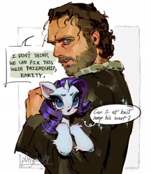 Size: 1774x2048 | Tagged: safe, artist:p0nyplanet, derpibooru import, human, pony, unicorn, g4, beard, clothes, crossover, dialogue, facial hair, holding a pony, horn, jacket, moustache, rick grimes, speech bubble, the walking dead