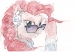 Size: 2340x1654 | Tagged: safe, artist:quiet-victories, derpibooru import, pinkie pie, earth pony, pony, g4, clothes, cutie mark headphones, female, grin, headphones, looking at you, mare, shirt, smiling, solo, sunglasses, tattoo, traditional art, watercolor painting