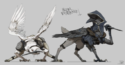 Size: 4187x2191 | Tagged: safe, artist:quiet-victories, derpibooru import, bird, original species, raven (bird), wolf, albino, armor, barely pony related, colored sketch, commission, damaged wing, duo, duo male, fantasy class, hood, knife, leather, leather armor, male, mouth hold, ravenwolf, red eyes, rogue, sketch, weapon