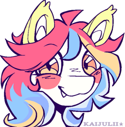 Size: 529x537 | Tagged: safe, artist:kaijulii, derpibooru import, oc, oc only, oc:pequeña piñata, bat pony, :3, ahoge, bat pony oc, blue hair, blue mane, ear tufts, fangs, icon, multicolored hair, multicolored mane, pink hair, pink mane, ponysona, profile picture, simple background, solo, white background, white fur, yellow fur, yellow hair, yellow mane